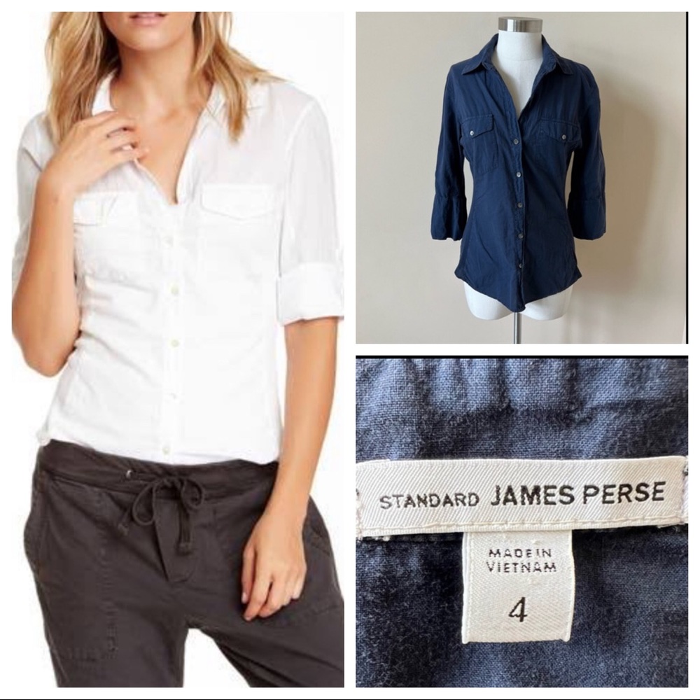 James Perse Women's Navy Blue Button-Up Shirt 4/XL (fits like an 8-10)